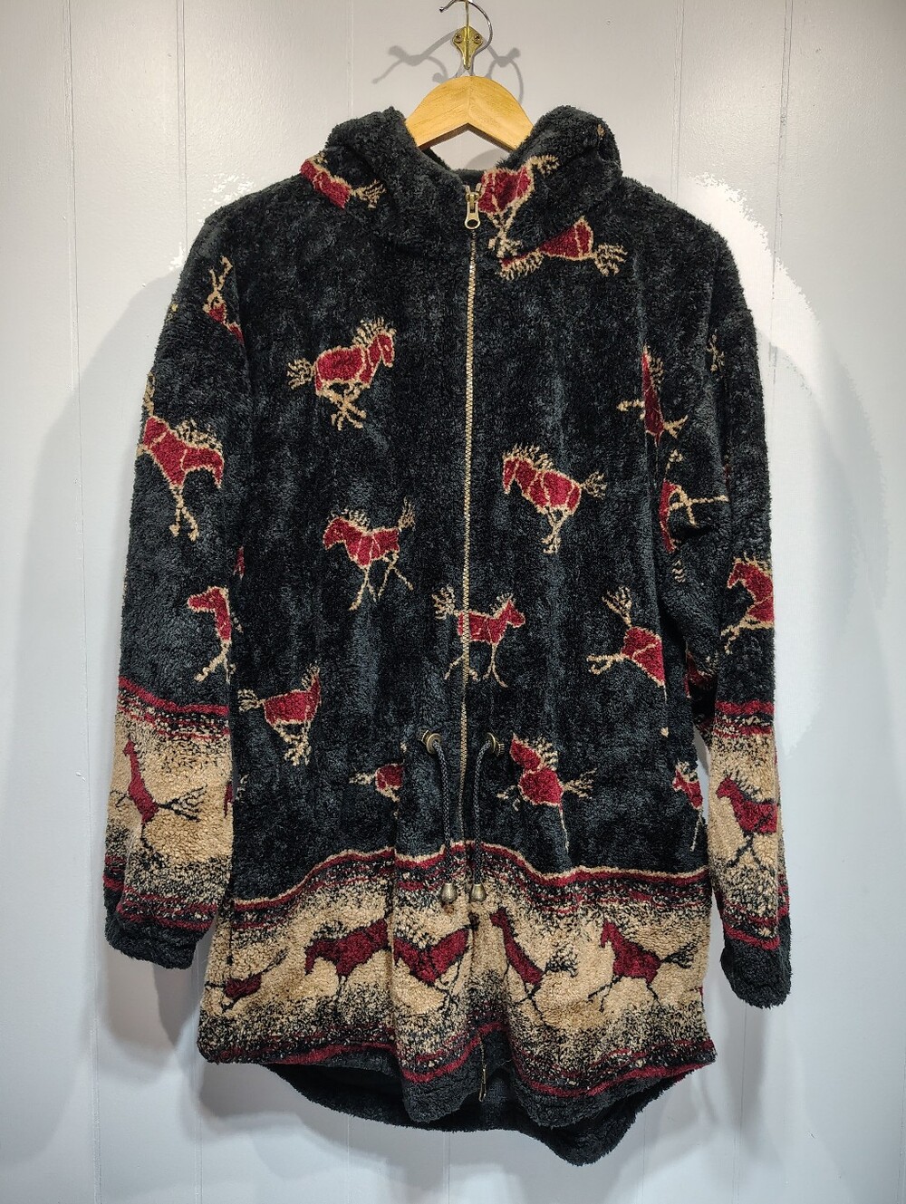 Equestrian Sherpa Jacket USA Made Hooded Horse Print Fleece Coat Western VTG